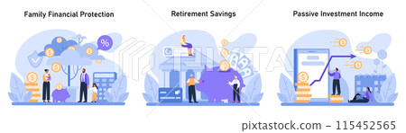 Secure future finances set. Safeguarding family wealth, accumulating retirement savings, and generating passive investment income. Fiscal responsibility depicted. Flat vector illustration Secure future finances set. Safeguarding family wealth, accumulating retirement savings, and generating passive investment income. Fiscal responsibility depicted. Flat vector illustration 115452565