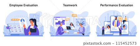 Corporate Evaluation set. Insightful feedback on employee, collaborative workspace dynamics, and recognizing top-performing talents. Evaluation, teamwork, and performance appraisal. Flat vector. 115452573