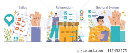 Election set. Democratic procedure, citizens choosing political party or candidate by the electoral process. Character checking a ballot on a referendum. Flat vector illustration Election set. Democratic procedure, citizens choosing political party or candidate by the electoral process. Character checking a ballot on a referendum. Flat vector illustration 115452575