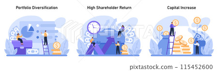 Wealth growth strategies set. Exploring portfolio diversification, maximizing shareholder value, and fostering capital increase. Financial prosperity visualized. Flat vector illustration Wealth growth strategies set. Exploring portfolio diversification, maximizing shareholder value, and fostering capital increase. Financial prosperity visualized. Flat vector illustration 115452600