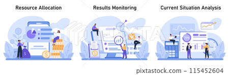 Business Analysis set. Teams navigating financial growth, monitoring performance, and evaluating current market trends. Resource allocation, results tracking, current situation assessment. Flat vector Business Analysis set. Teams navigating financial growth, monitoring performance, and evaluating current market trends. Resource allocation, results tracking, current situation assessment. Flat vector 115452604