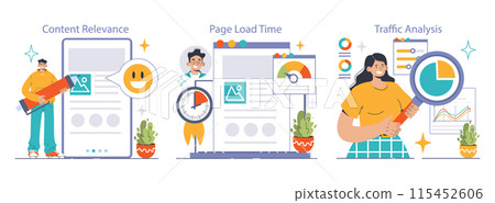 Website analysis set. Conversion rate and traffic analysis. Experts analyzing website performance. User engagement strategy. SEO optimization. Flat vector illustration 115452606