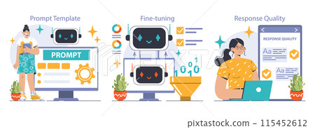 Prompt-engineers writing a command to a artificial neuron network set. Artificial intelligence development. Character using AI to create a text or an image. Flat vector illustration 115452612
