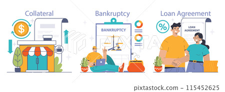 Financial Challenges Set. Exploring the journey from collateral through bankruptcy to a new loan agreement. Economic hurdles, recovery steps. Flat vector illustration Financial Challenges Set. Exploring the journey from collateral through bankruptcy to a new loan agreement. Economic hurdles, recovery steps. Flat vector illustration 115452625