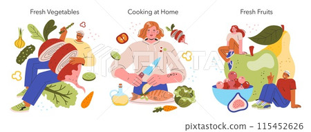 Healthy Eating set. Illustration of people with fresh vegetables, cooking at home, and enjoying fruits. Lifestyle choice, wholesome nutrition habits. Vector illustration. Healthy Eating set. Illustration of people with fresh vegetables, cooking at home, and enjoying fruits. Lifestyle choice, wholesome nutrition habits. Vector illustration. 115452626