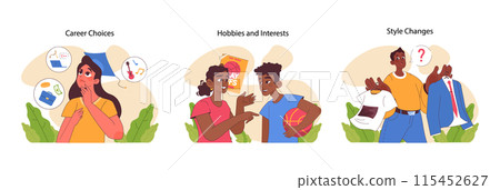 Adolescent Development set. Young individuals exploring career paths, leisure activities, and personal style. Decision-making in life stages. Flat vector illustration 115452627