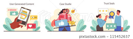 Social Proof concept. User engagement through content, detailed case studies, and accreditation with trust seals. Visual narrative of brand credibility. Flat vector illustration. Social Proof concept. User engagement through content, detailed case studies, and accreditation with trust seals. Visual narrative of brand credibility. Flat vector illustration. 115452637