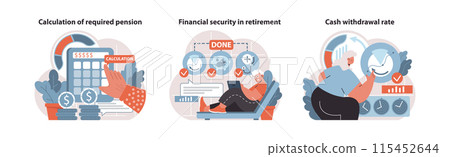 Secure Retirement set. Strategic pension calculation, ensuring financial security, managing cash withdrawal. Retirement planning essentials. Flat vector illustration. 115452644