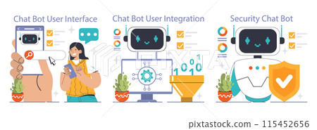 Chat Bot Collection. Woman interacts with mobile interface, system integration in background, security features emphasized. User experience, digital support. Flat vector illustration 115452656
