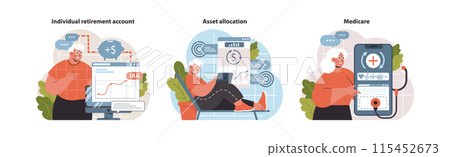Retirement Concepts set. Senior man navigates IRA, optimizes assets, and uses Medicare mobile app. Financial freedom, health assurance, smart investing. Flat vector illustration. 115452673