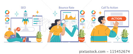 Website analysis set. Conversion rate and traffic analysis. Experts analyzing website performance. User engagement strategy. SEO optimization. Flat vector illustration Website analysis set. Conversion rate and traffic analysis. Experts analyzing website performance. User engagement strategy. SEO optimization. Flat vector illustration 115452674