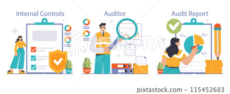 Audit process set. Professionals assessing financial statements. Internal controls evaluation, auditor's analysis, comprehensive audit report insights. Pie chart review. Flat vector illustration. Audit process set. Professionals assessing financial statements. Internal controls evaluation, auditor's analysis, comprehensive audit report insights. Pie chart review. Flat vector illustration. 115452683