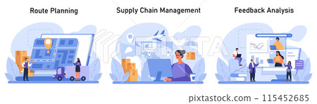 Supply Chain Efficiency set. Strategic logistics from route planning, through real-time tracking in supply chain management, to precise feedback analysis. Flat vector illustration Supply Chain Efficiency set. Strategic logistics from route planning, through real-time tracking in supply chain management, to precise feedback analysis. Flat vector illustration 115452685