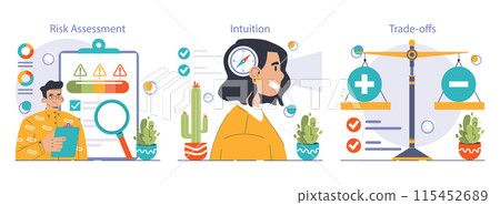 Decision-making set. Strategic thinking, brainstorming and solution research. Multiple options dilemma. Pros and cons , risk and benefits analysis. Flat vector illustration 115452689