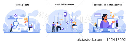 Professional Progress set. Employees excel in tasks, reach career objectives, and receive commendations. Passing tests, goal achievement, and feedback from management. Flat vector illustration. Professional Progress set. Employees excel in tasks, reach career objectives, and receive commendations. Passing tests, goal achievement, and feedback from management. Flat vector illustration. 115452692