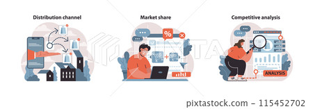 Business strategies set. Navigating distribution channels, determining market share through online data, and meticulous competitive analysis. Digital marketing tactics. Flat vector illustration 115452702