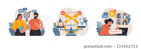 Inclusion in action set. Colleagues discussing gender equality, workplace diversity visualization, and online accessibility solutions. Communication, equality, digital tools. Flat vector illustration Inclusion in action set. Colleagues discussing gender equality, workplace diversity visualization, and online accessibility solutions. Communication, equality, digital tools. Flat vector illustration 115452723
