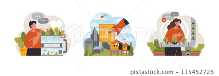 Urban Farming set. Enthusiasts nurturing plants, ensuring bees' health in the city backdrop. Aquaponics system, rooftop beekeeping, and vertical gardens. Flat vector illustration 115452726