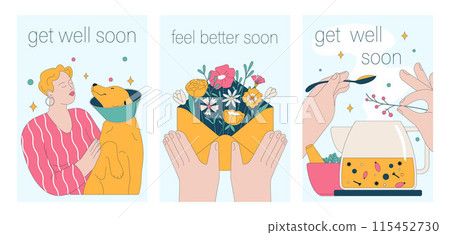 Get well soon card set. Positive and motivational poster with greeting quote. Medicine postcard with feel better lettering. Recovery affirmation and wishes. Flat vector Illustration Get well soon card set. Positive and motivational poster with greeting quote. Medicine postcard with feel better lettering. Recovery affirmation and wishes. Flat vector Illustration 115452730