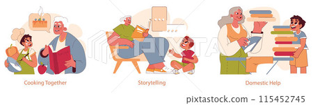 Grandparents Day set. Joyful interactions between grandparents and grandchildren. Baking, reading, and housework bonding moments. Vector illustration. 115452745