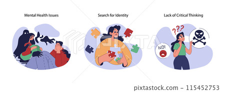 Teenage challenges set. Facing emotional turmoil, quest for self-discovery, and dangers of ignorance. Mental struggles, personal journey, decision-making confusion. Flat vector illustration 115452753