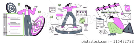 Employee efficiency set. Business character or employee productive multitasking. Time management and work optimization. Effective goal-setting and work-life balance. Flat vector illustration 115452758