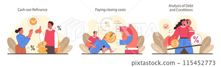 Refinance process set. Loan rate reduction to lender agreements. Debt obligation with better interest rate. Housing loan, real estate mortgage. Flat vector illustration Refinance process set. Loan rate reduction to lender agreements. Debt obligation with better interest rate. Housing loan, real estate mortgage. Flat vector illustration 115452773