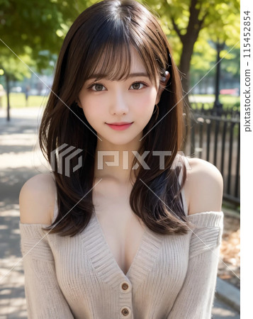 A long-haired woman smiling gently in the park 115452854