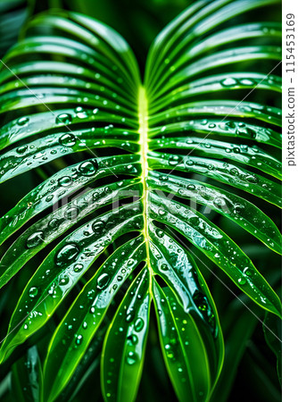 Green leaves with droplets of water on them. 115453169