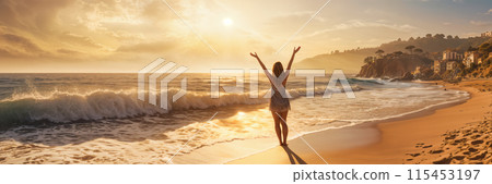 A woman on beach at sunset. 115453197