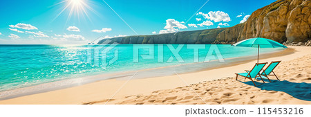 A beach scene with a blue umbrella and two chairs. A beach scene with a blue umbrella and two chairs. 115453216