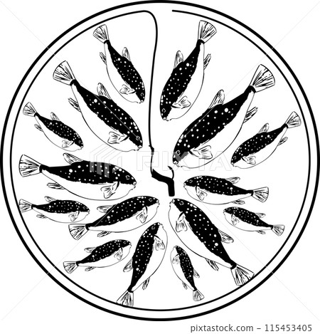 一大群河豚聚集在魚鉤上的插圖 一大群河豚聚集在魚鉤上的插圖 115453405