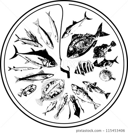 Illustration set of a sea fish and a fishing hook that looks like it will be caught in a big catch 115453406