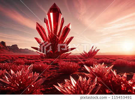 Red crystal formation in desert landscape. 115453491