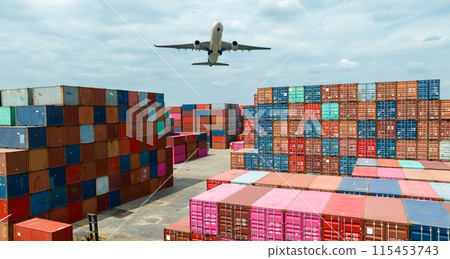 Airplane flying above container logistic. Container crisis. Freight transportation. Logistic industry. Container ship for export logistics. Container at the harbor for truck transport. Air transport. 115453743