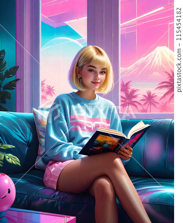 A fashionable illustration of a young woman looking at an art book in a neon-colored living room 115454182