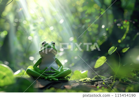 Calm frog sitting and meditating in the forest. Monkey doing yoga. Amphibian. Animals. 115454190