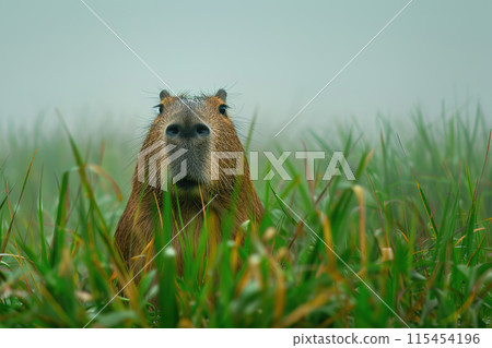 A curious capybara peeks out from a field of tall green grass. Wildlife Animals. 115454196