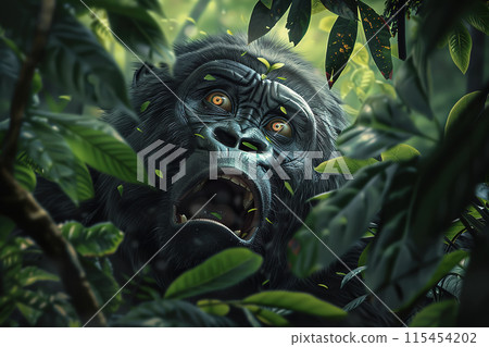 A startled gorilla with intense eyes peeks through lush green foliage, highlighting the raw beauty and mystery of the jungle wildlife. Wildlife Animals. 115454202