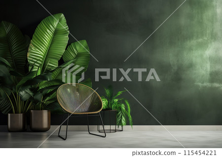 Indoor ornamental plants, Green leaves and tree and a green wall, Complete with a chair, leaving space for text. 115454221