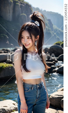 Smiling young woman by the river 115454332