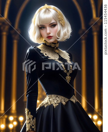 Young woman in gothic lolita outfit, retro elegance photorealistic portrait with delicate details 115454436
