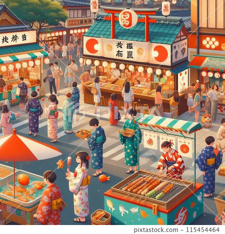 A festival with many food stalls lined up 115454464