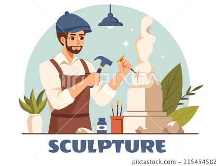 Stone Sculpture Vector Illustration featuring a Craftsman Carving a Rock Using Sculpting Tools in Flat Style Cartoon Background Design Stone Sculpture Vector Illustration featuring a Craftsman Carving a Rock Using Sculpting Tools in Flat Style Cartoon Background Design 115454582