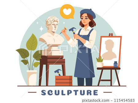 Stone Sculpture Vector Illustration featuring a Craftsman Carving a Rock Using Sculpting Tools in Flat Style Cartoon Background Design Stone Sculpture Vector Illustration featuring a Craftsman Carving a Rock Using Sculpting Tools in Flat Style Cartoon Background Design 115454583