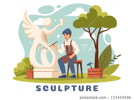 Stone Sculpture Vector Illustration featuring a Craftsman Carving a Rock Using Sculpting Tools in Flat Style Cartoon Background Design Stone Sculpture Vector Illustration featuring a Craftsman Carving a Rock Using Sculpting Tools in Flat Style Cartoon Background Design 115454586