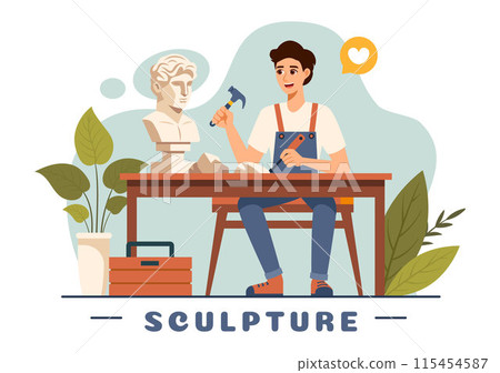 Stone Sculpture Vector Illustration featuring a Craftsman Carving a Rock Using Sculpting Tools in Flat Style Cartoon Background Design Stone Sculpture Vector Illustration featuring a Craftsman Carving a Rock Using Sculpting Tools in Flat Style Cartoon Background Design 115454587
