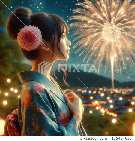 Side view of a woman in a yukata gazing at fireworks 115454636