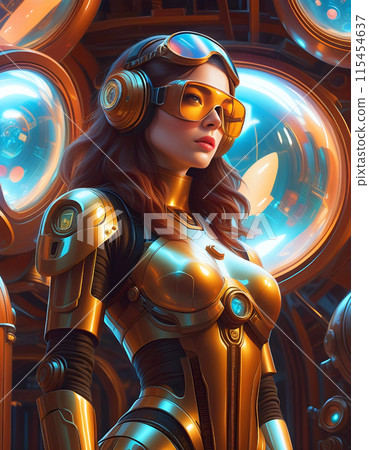 Beautiful humanoid woman, retro-future glamour portrait realistic illustration 115454637