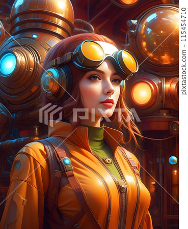 一個美麗的人形女性肖像的真實插圖，具有迷人的復古未來感。 115454710